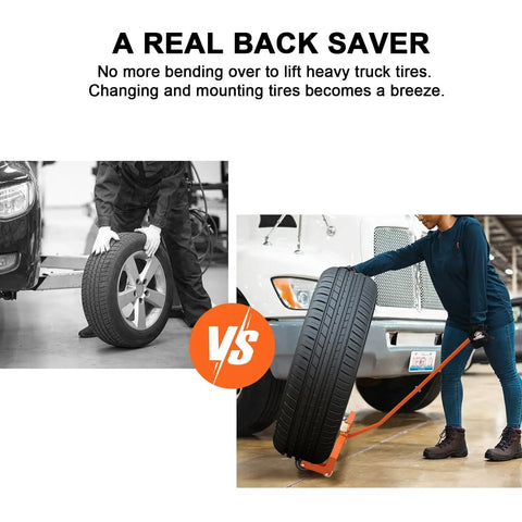 Comparison of lifting truck tires by hand vs using Built Tough Heavy Duty Tire Dolly With Adjustable Base And Glide Rollers, 350 Lb Capacity For Cars And Trucks.