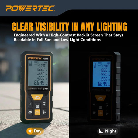 Straight Shooter Laser Measure 165 Ft Range Digital Distance Meter With Smart Angle Sensor and Bright Backlit Screen showing readability in sunlight and low-light.