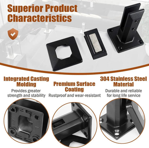 Rock Solid Square Glass Pin Clamps For Zero Drill Hassle Premium 304 Stainless Steel Railing Post Fittings showing integrated parts in smooth black finish.