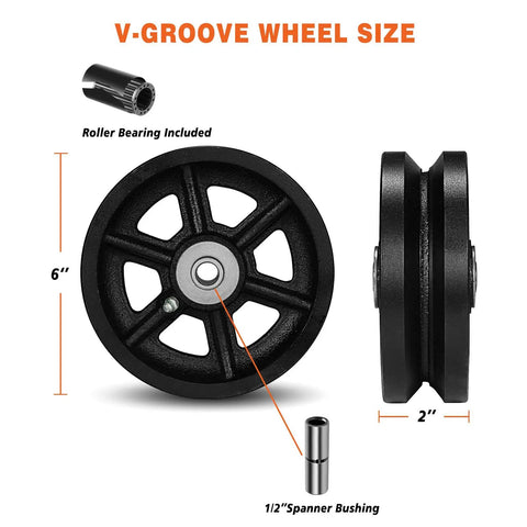 Six By Two Inch Cast Iron V Groove Wheel With Precision Roller Bearing For Heavy Duty Sliding Gate And Track Jobs Built Tough to Handle Any Load You Throw At It While Delivering Smooth Daily Glides In Classic Black Two Pack showing detailed wheel dimensions and roller bearing.