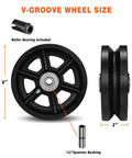 Built Tough Cast Iron V Groove Track Wheels With Precision Roller Bearings For Heavy Hauling Industrial Carts And Smooth Gliding Gate Replacement Systems 6 Inch Black 4 Pack showing side and front views with dimensions.