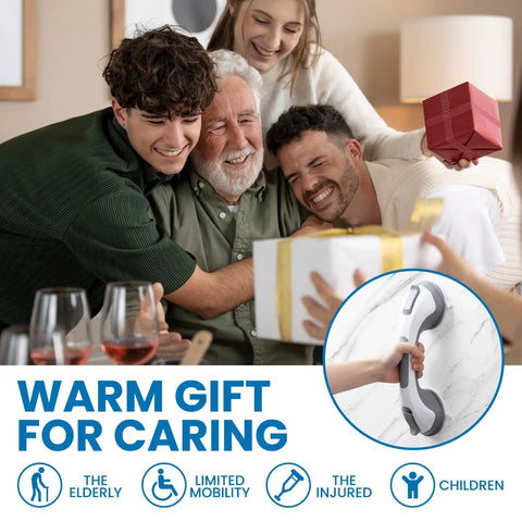 Heavy Duty 2 Pack Suction Grab Bars For Showers Rock Solid 12 Inch Handles in grey being showcased with a family gathering.