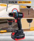 21V Cordless Workhorse Drill With 60Nm Torque And 1750Rpm Variable Speed Running Rock Solid On Dual Lithium Batteries Along With 17 Versatile Bits For No Sweat Diy Crews And Pros in use on wood and metal surfaces.