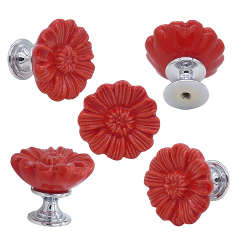 Killer Vintage Floral Daisy Ceramic Drawer Knobs For Dressers And Cabinets Six Piece Red Knob Set With Screws No Sweat Swap, showcasing vibrant red daisy designs.