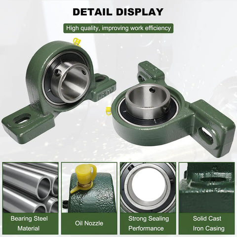 Two Pack Self Aligning Pillow Block Ball Bearings With Solid Cast Iron Base And Two Inch Bore showing bearing steel and oil nozzle.
