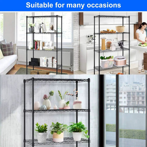 Heavy Duty Steel Wire Storage Shelving For Garage And Kitchen, 5 Shelf Adjustable Rack With 1250 Lb Capacity in various settings.