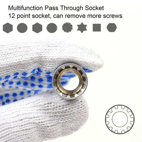 Multifunction pass through socket with 12 points, part of Knockout 46 Piece Pass Through Socket Set With Slim Offset Handle And Insert Style Heavy Duty Ratchet Wrench Real Deal For Cramped Engines And Tight Automotive Jobs In 1 4 Inch Drive.
