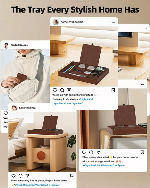 Collage of Leather Wireless Charging Valet Tray for Men, EDC Nightstand Organizer on various desks and nightstands