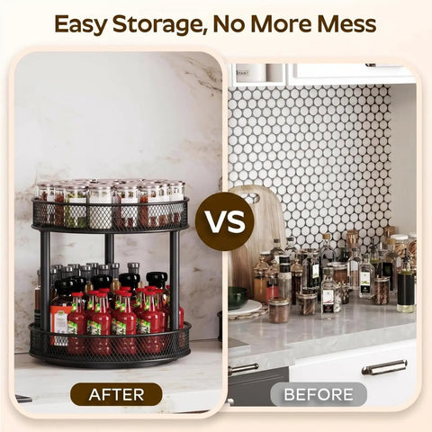 After and before comparison of Two Pack Two Tier Lazy Susan Organizer Smooth Rotating Metal Turntable in kitchen storage.