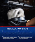 Installation steps for Slick Direct Fit HVAC Blower Motor for Kia Soul Kona Venue Seltos Palisade, showing motor assembly and wiring.