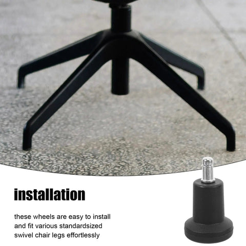 Black Bell Chair Caster Replacement Set For Office Swivel Seats Featuring Quick Click In Nylon And Iron Design close-up of black swivel chair leg with bottom replacement caster.