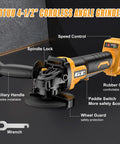 Killer Cordless Angle Grinder With Three Speed Settings And Paddle Safety Switch For Zero Hassle Metal Cutting And Grinding Compatible With DeWalt 20V Max Tools Tool Only on a black surface showing details like auxiliary handle and rubber cover.