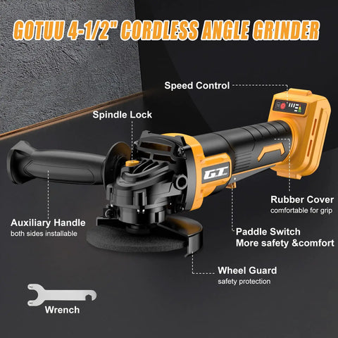 Killer Cordless Angle Grinder With Three Speed Settings And Paddle Safety Switch For Zero Hassle Metal Cutting And Grinding Compatible With DeWalt 20V Max Tools Tool Only on a black surface showing details like auxiliary handle and rubber cover.