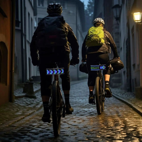 Cyclists with programmable LED smart bike tail light with speedometer and app control, displaying patterns on cobblestone road.