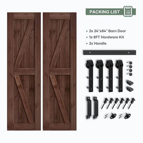 48x84 Inch Double 24x84 Inch Sliding Barn Wood Door Slab With 8ft Hardware Kit And Handle In Coffee Finish K Shape Spruce Solid Wood
