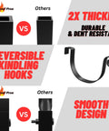 Comparison of thicker, durable design and reversible kindling hooks for Curved 24.5 Inch Firewood Rack With Kindling Hooks For Indoor And Outdoor Use.
