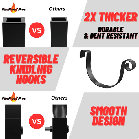 Comparison of thicker, durable design and reversible kindling hooks for Curved 24.5 Inch Firewood Rack With Kindling Hooks For Indoor And Outdoor Use.