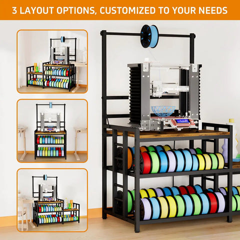 Heavy Duty 3D Printer Desk With Knockout Filament Storage Rack And Plug And Play Power Outlet, Dual Print Station For Abs Pla Tpu Spools, Boss Level Organization For Streamlined Workflows, Sturdy Wood Cabinet Setup In Classic Retro Brown with filament storage layout options.