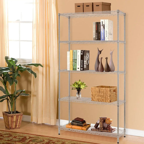 Straight Up Rock Solid Five Tier Wire Shelving Unit With Adjustable Shelves And Foot Levelers Featuring Dang Tough Chrome Plated Steel Construction For Heavy Duty Garage Or Storage Needs Supporting Up To Twelve Hundred Fifty Pounds in a home setting.