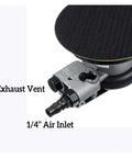 Close-up of exhaust vent and 1/4 inch air inlet on Portable 5 Inch Random Orbital Air Sander Polisher With 10000 RPM Low Noise Ergonomic Grip