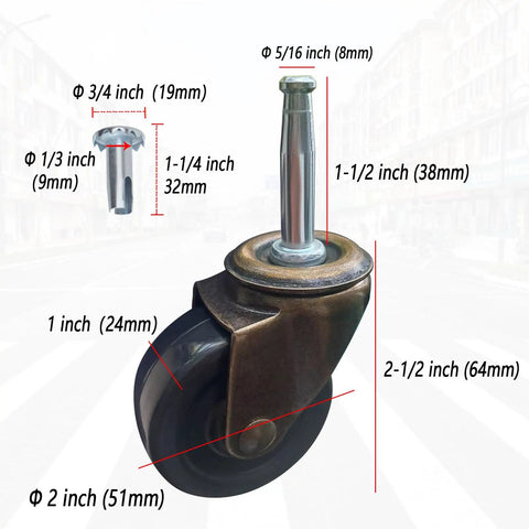 Badass Heavy Duty 2 Inch Antique Furniture Casters Roll Smooth As Silk With Zero Squeak Nonsense showing detailed size measurements.