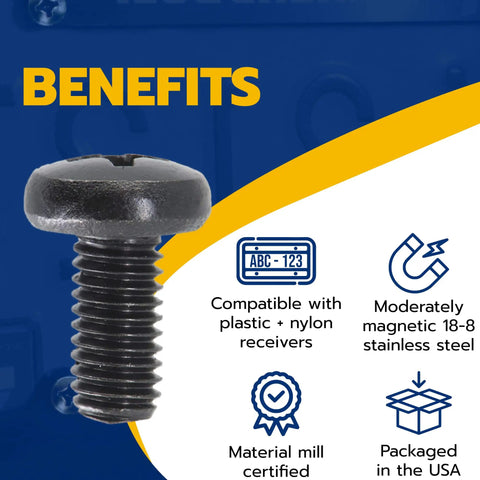 Black Stainless Steel License Plate Screws For Audi And VW, Phillips Pan Head M6-1.0 X 10mm, benefits highlighted