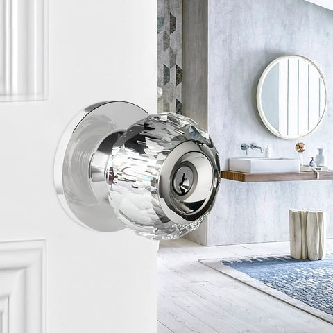 Crystal Door Knobs With Lock And Keys, 6 Pack Keyed Alike Glass Door Knob Set In Satin Nickel, installed in a modern bathroom