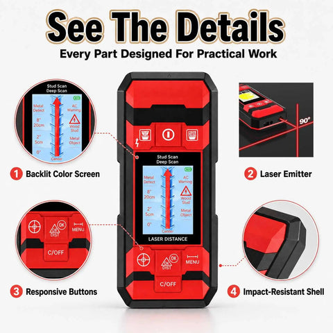 Heavy Duty Wall Scanner And Stud Finder With Smart Sensor Digital Lcd Display showcasing backlit screen and buttons for easy use.