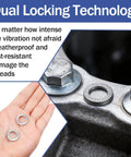 Premium 5/16 Inch Wedge Locking Washers 20 Pack Vibration Proof Manganese Steel Fasteners shown in hand and applied on bolts.