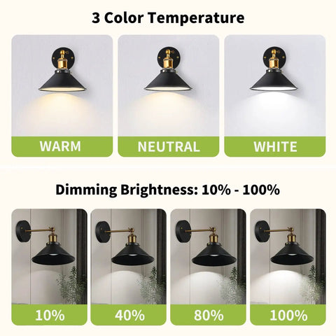 3 Pack Battery Operated Wall Sconces In Black Modern Style For Indoor Use No Wiring Needed Easy Install No Fuss Bedroom Hallway Corridor Stairway Gallery Lighting Kit 11.53 L x 8.58 W x 6.65 H showing color temperatures and dimming brightness options