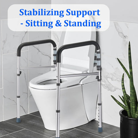 Heavy Duty Toilet Safety Rails For Seniors And Elderly Sturdy Aluminum Bathroom Handle Frame providing support next to a toilet.