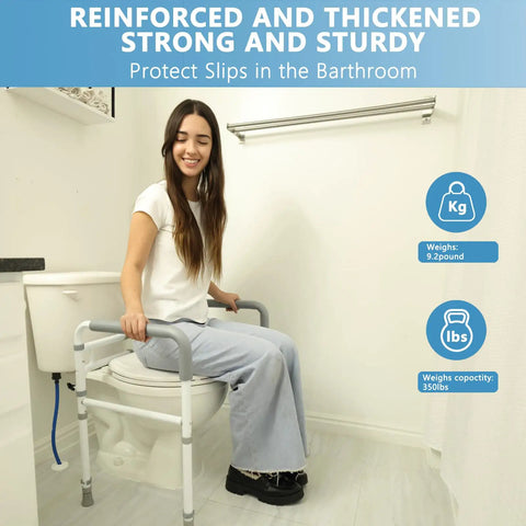 Heavy Duty Toilet Safety Rail For Seniors With Adjustable Height And Width Frame No Nonsense Support Handles Up To 350 Lbs Non Slip Bathroom Grab Bar with user demonstrating use.