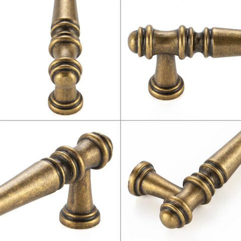 Slick Antique Brass Cabinet Pulls 10 Pack, 5 Inch Solid Metal handles showing details and textures from multiple angles.