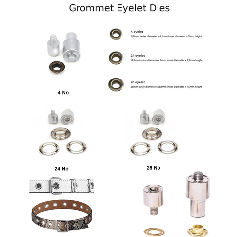 Grommet eyelet dies included in All In One Hand Press Kit For Snap Buttons Grommets Eyelets Rivets And Popper Fasteners DIY kit.