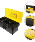 Badass Plastic Toolbox With Lockable Buckles And Removable Tray Plus Sure Grip Carry Handle For Go Anywhere Tool Holding and Straight Up Reliable Home Project Storage Cases, open view with yellow lid.
