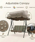Three Seat Outdoor Patio Swing With Adjustable Canopy Heavy Duty Steel Frame Weather Resistant Build Removable Cushions