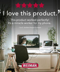 Stylish workspace with computer and plants, featuring a positive review on Weiman product. Disinfecting Electronic Wipes For Screens And Devices Keep Your Gadgets Clean On Laptops Computers Tablets And TVs With A Safe Quick Dry Formula And Wipe Then Air Dry Convenience For Non Porous Surfaces.