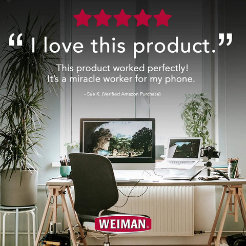 Stylish workspace with computer and plants, featuring a positive review on Weiman product. Disinfecting Electronic Wipes For Screens And Devices Keep Your Gadgets Clean On Laptops Computers Tablets And TVs With A Safe Quick Dry Formula And Wipe Then Air Dry Convenience For Non Porous Surfaces.