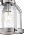 Close-up of Retro Vibe One Light Indoor Mini Pendant Light with hand blown clear glass shade and brushed nickel finish