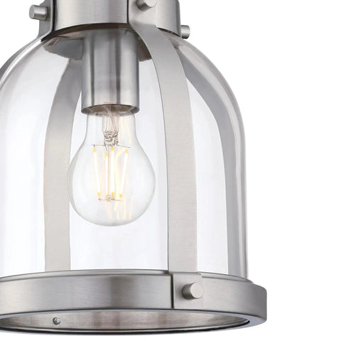Close-up of Retro Vibe One Light Indoor Mini Pendant Light with hand blown clear glass shade and brushed nickel finish
