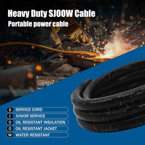 Heavy Duty 50 Foot 16 Awg Triple Lead Portable Power Cable Tinned Copper Conductors 300 Volt Oil And Water Resistant Flex Rubber Extension Cord For Generators Motors And Trade Gear coiled on a blue background.