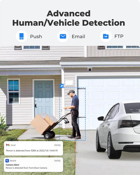 Hardwired Outdoor Security Cam PoE Dome With 5MP HD Night Vision, Smart Human Vehicle Animal Detection, Model RLC-520A installed above garage
