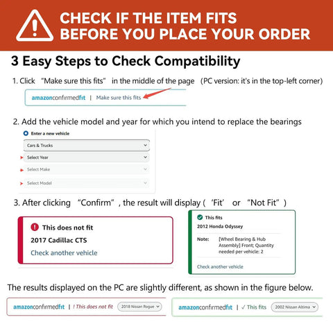 Instructions for checking compatibility for vehicle parts with illustrated steps for Amazon Confirmed Fit.
