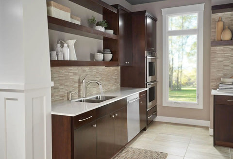 Modern kitchen with Refillable Kitchen Soap Dispenser With Above Sink Bottle In Spot Resist Stainless Finish, deck mounted