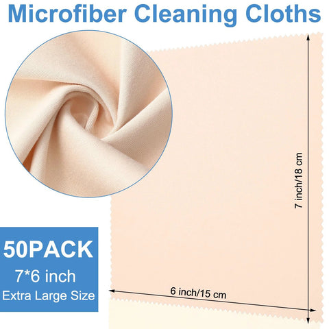 Front view of beige microfiber cleaning cloths, 7x6 inches, 50-pack for glasses and screens