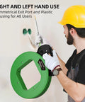 Worker using 125 Ft Non Conductive PET Fish Tape Wire Puller with three sixteenth inch cable and ergonomic handle, green tool.