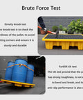 Oil Spill Containment Tray For Garage And Shop, Anti Slip Polyethylene Platform shown with durability tests, stackable design