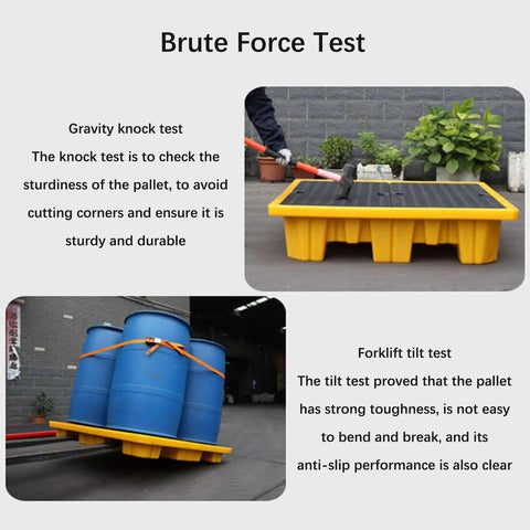 Industrial Oil Spill Containment Tray With Anti Slip Polyethylene Platform, heavy duty, shown in gravity knock and forklift tilt test