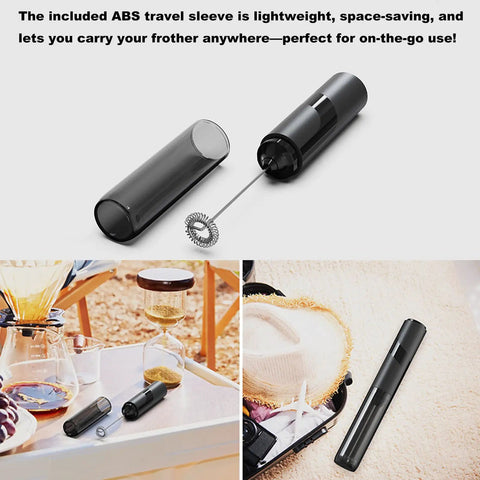Handheld Milk Frother With Cover, 15 Second Silent Drink Mixer, travel sleeve, stainless steel whisk shown on table and in case