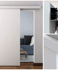 Concealed Sliding Door Hardware Kit For A Single Door With Quiet Ball Bearing Wheels And Slick Soft Close Two Part Floor Guide And Paintable Cover For Seventy Eight And Three Quarters Inch Doors installed.